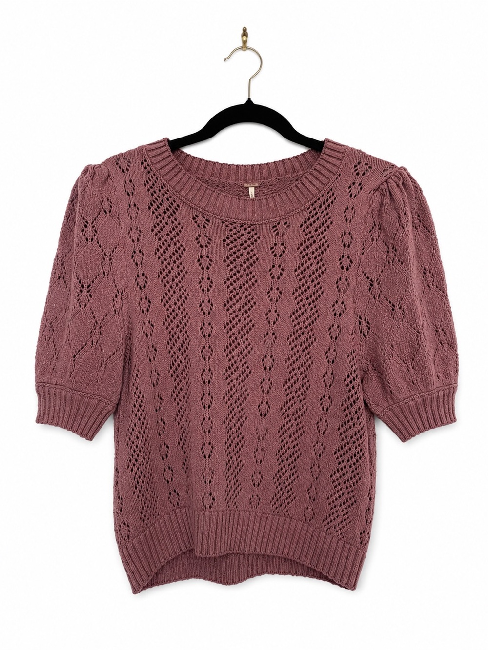 Free People Mauve Pointelle Knit Puff Sleeve Sweater Small - Picture 2 of 6